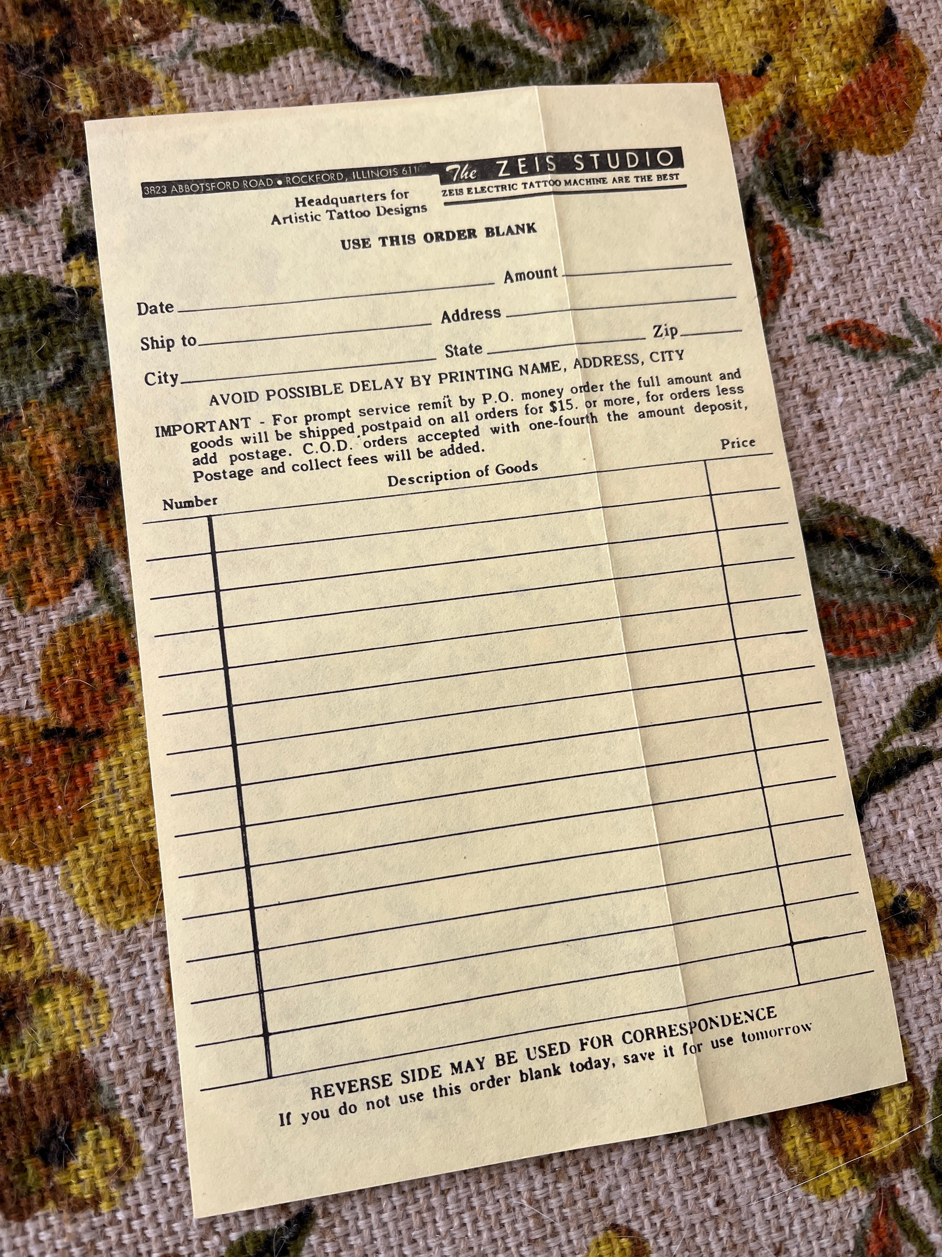 Vintage Zeis order form