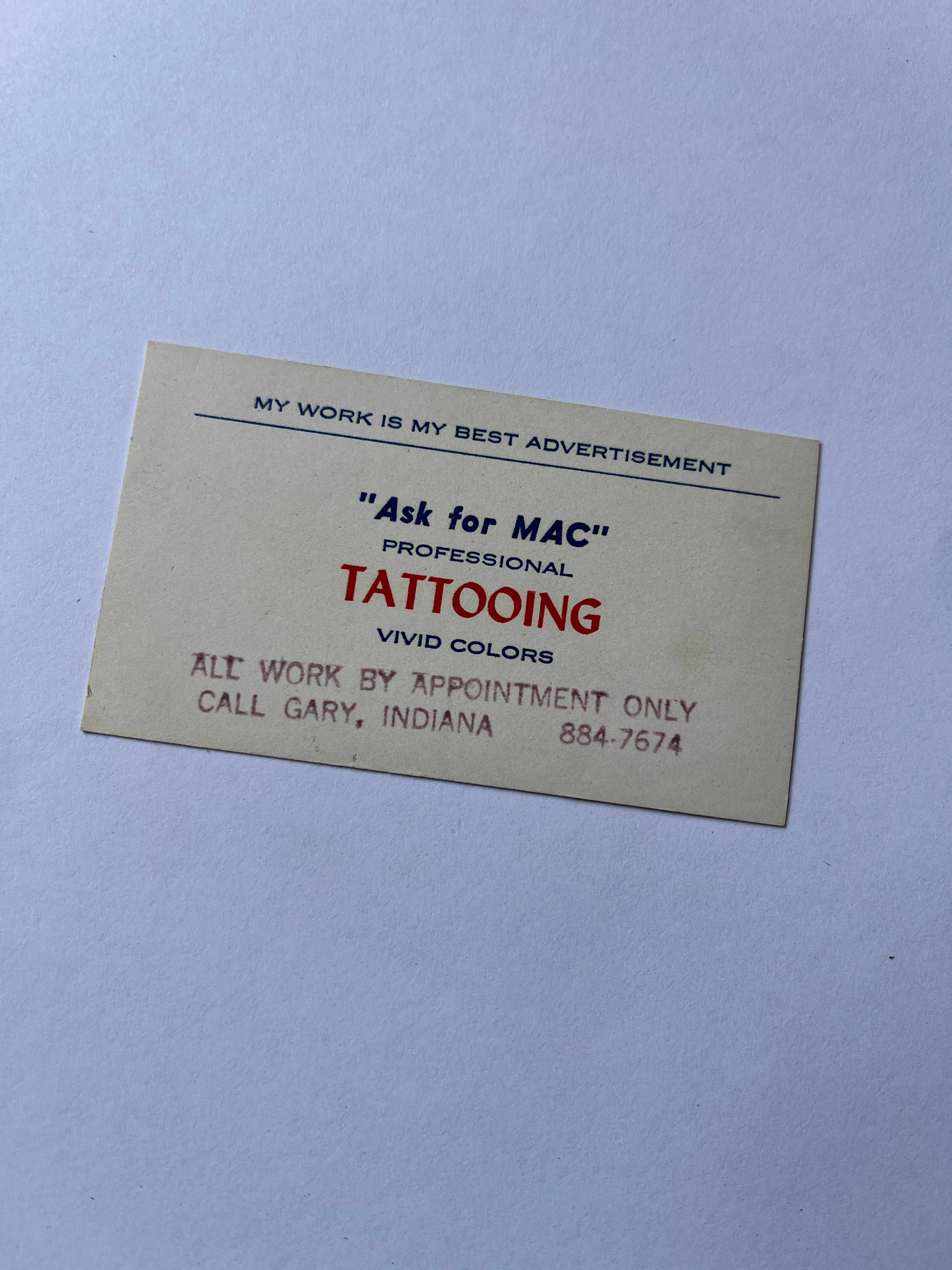Gary Indiana “Mac” biz card.